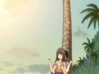 Stor röv animen lady sprutar på den strand