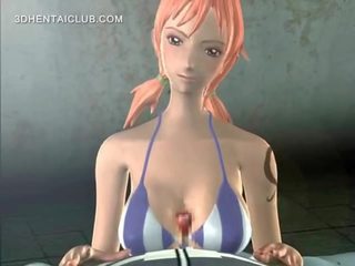 Big titted anime redhead giving titjob and blowjob