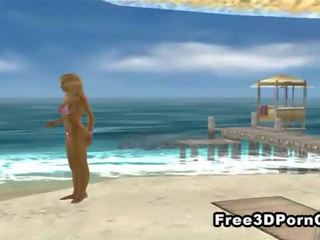 Uitstekend 3d tekenfilm blondine masturberen op de strand